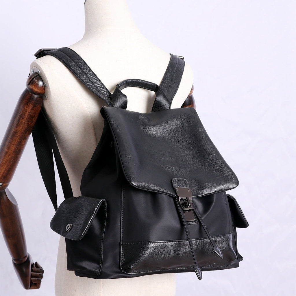 Girl Black Nylon Leather Satchel Rucksack Bag Womens School Backpacks Purse Nylon Leather Travel Rucksack for Ladies