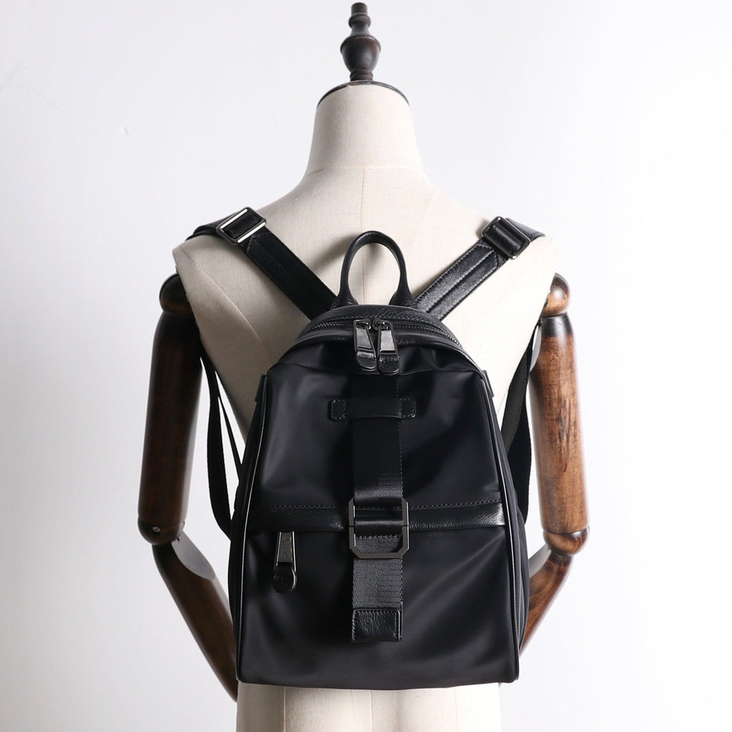 Girl Black Nylon Leather Satchel Rucksacks Bag Womens School Backpack Purse Nylon Leather Travel Rucksack for Ladies