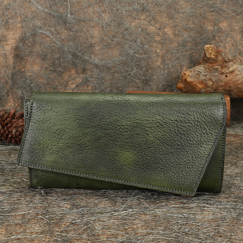 Green Womens Geometry Leather Trifold Long Wallet Vintage Clutch Wallet for Ladies
