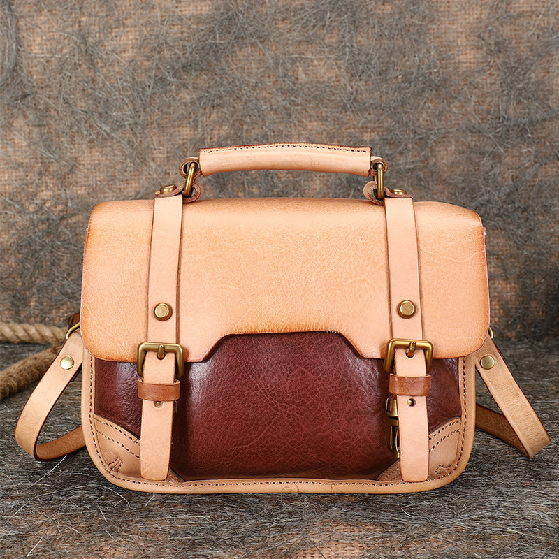 Handmade Beige Leather Womens Satchel Shoulder Bag Small School Handbag Crossbody Purses for Ladies