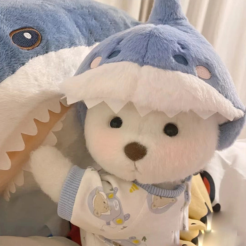 Handmade Cute Teddy Bear Doll With Blue Shark Stuffed Bear Toys Valentines Day Decor Gifts for Her / Girlfriend Lover Mom Kids