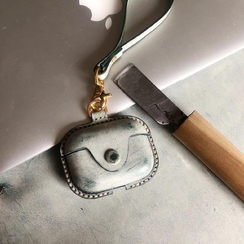 Handmade Green Leather AirPods Pro Case with Wristlet Strap Leather AirPods Case Airpod Case Cover - iwalletsmen