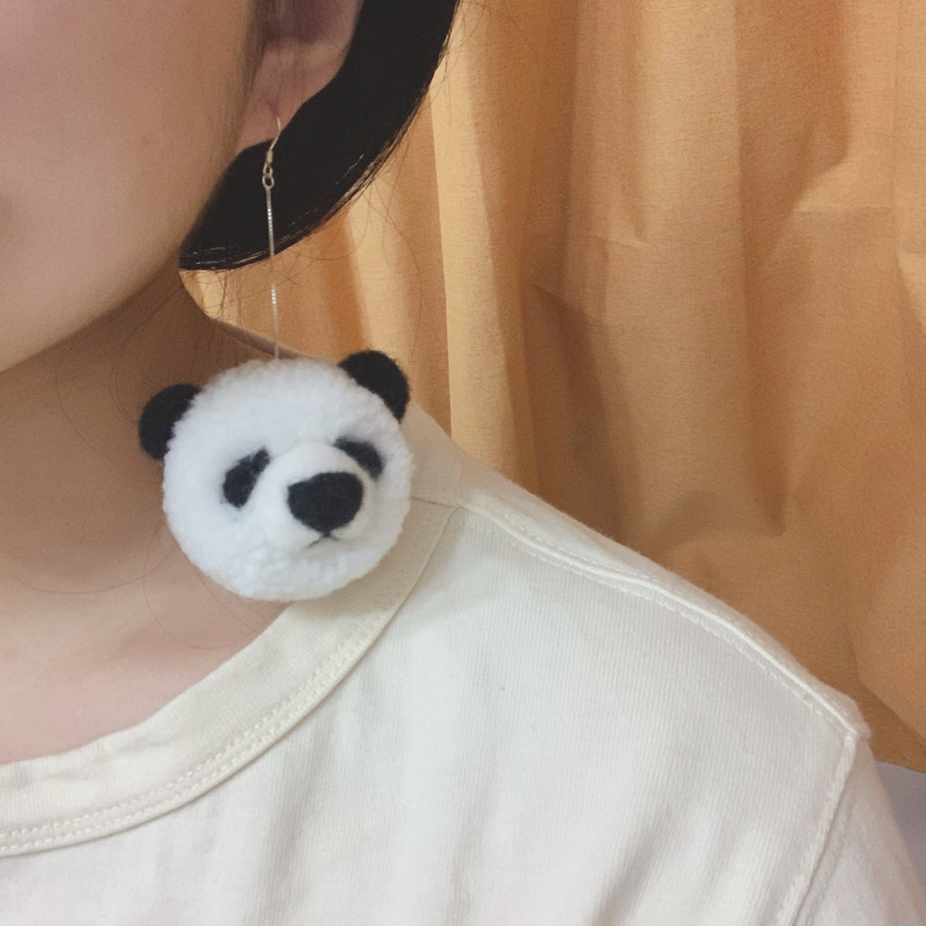 Handmade Panda Pom Pom Earrings Cute Pompom Dangle Earrings Boho Chic Pom Earrings