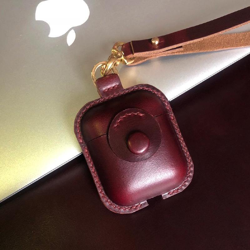 Handmade Wine Red Leather AirPods 1,2 Case with Wristlet Strap Leather AirPods Case Airpod Case Cover - iwalletsmen