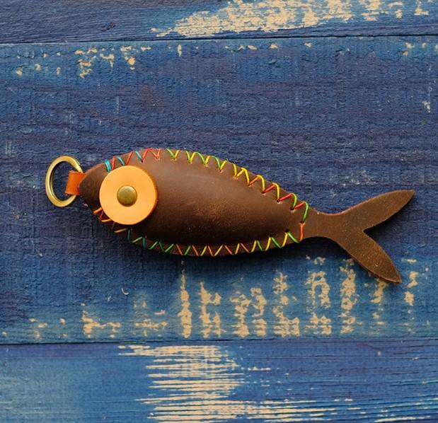 Handmade Leather Cute Fish Bag Charm Keyring Personalized