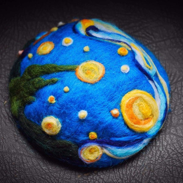 Handmade felted needle felted van Gogh blue The Starry Night wool Hat beret winter hat