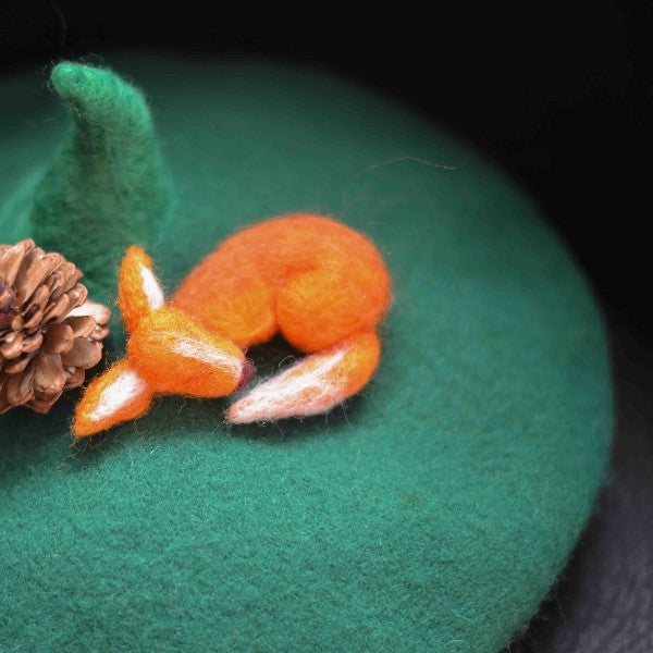 Handmade felted needle felted green fox The Starry Night wool Hat beret winter hat