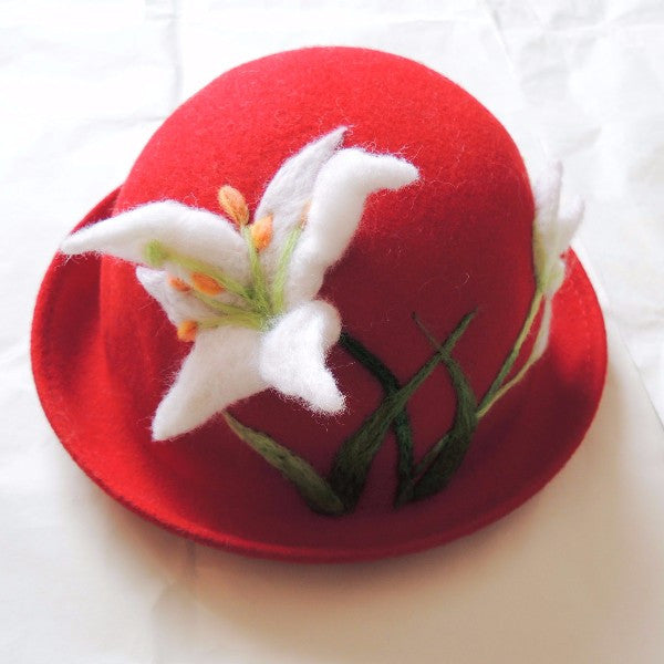 Handmade felted needle felted lily red wool Hat beret winter hat