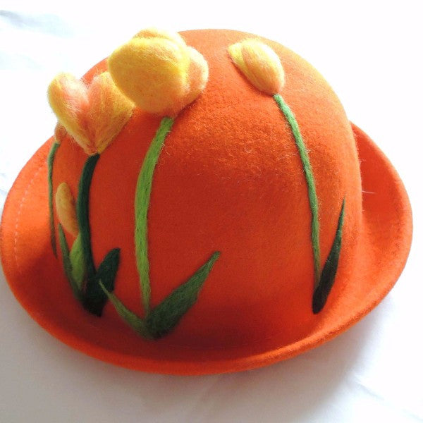 Handmade felted needle felted tulips orange wool Hat beret winter hat