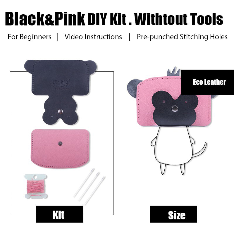 Pink&Black Leather Card Holder Kit DIY Leather Monkey Coin Wallet Kit DIY Leather Projects