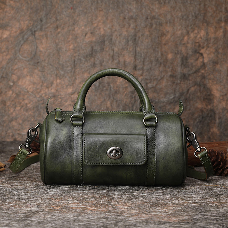 Green Leather Womens Barrel Handbag Handmade Barrel Handbag Crossbody Purse for Ladies