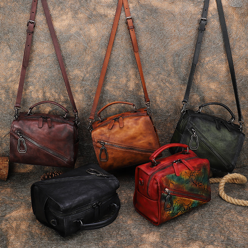 Leather Womens Buston Handbag Handmade Cube Handbag Crossbody Purse for Ladies
