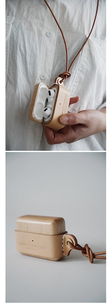 Beige Wood Leather AirPods 1,2 Case with Clip Strap Leather Pro AirPods  Case Airpod Case Cover