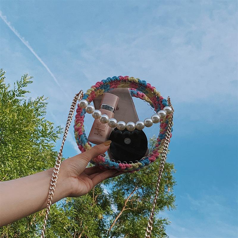 Cute Round Colorful(No Flap) Crochet Crossbody Purse PMMA Crochet Shoulder Round Handbag for Girl Circle Crochet Crossbody Purses