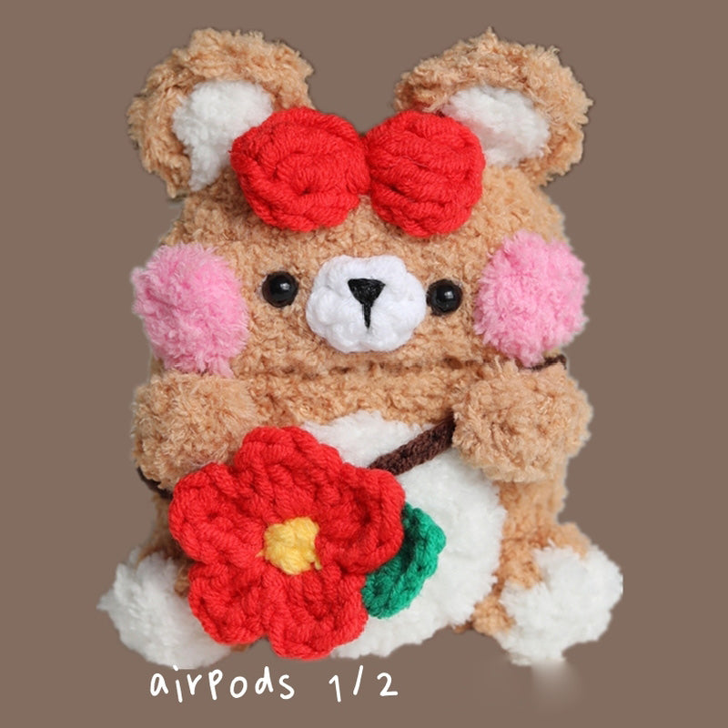 Khaki Girl's Cute Bear AirPods 1/2 Case Handmade Crochet AirPods Pro Cases Khaki Airpod Cases Cover