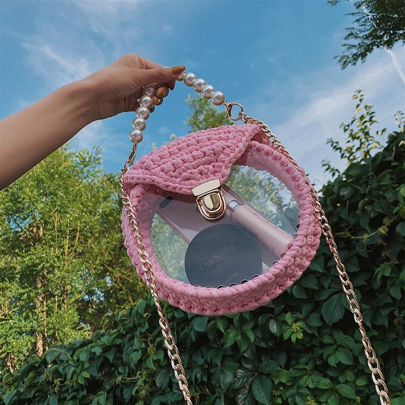 Cute Round Pink(Flap) Crochet Crossbody Purse PMMA Crochet Shoulder Round Handbag for Girl Circle Crochet Crossbody Purses