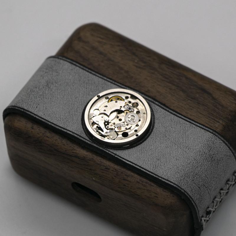 Leather Wood AirPods Pro Case with Silver Watch Movement Handmade Custom Leather AirPods Pro Case Airpod Case Cover - iwalletsmen