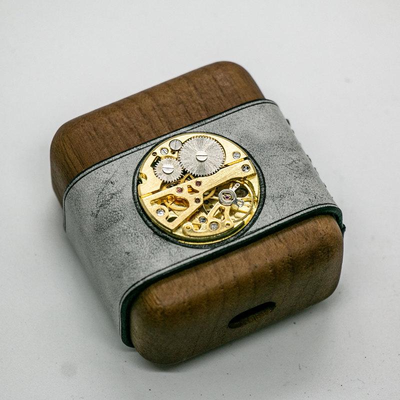 Leather Wood AirPods 1,2 Case with Gold Watch Movement Handmade Custom Leather AirPods 1,2 Case Airpod Case Cover - iwalletsmen