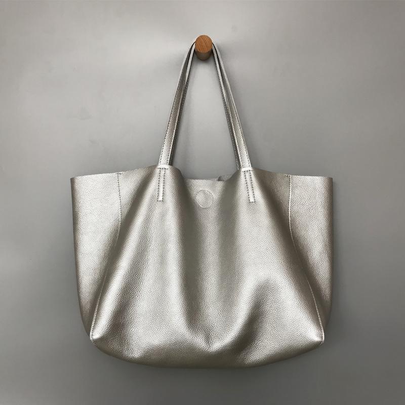 Fashion Womens Silver Leather Oversize Tote Bag Black Shoulder Tote Bag Handbag Tote For Women