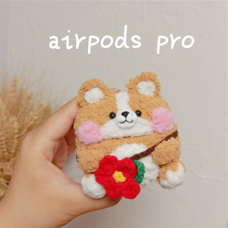 Khaki Girl's Cute Corgi AirPods Pro Case Handmade Crochet AirPods 1/2 Case Corgi Airpod Cases Cover