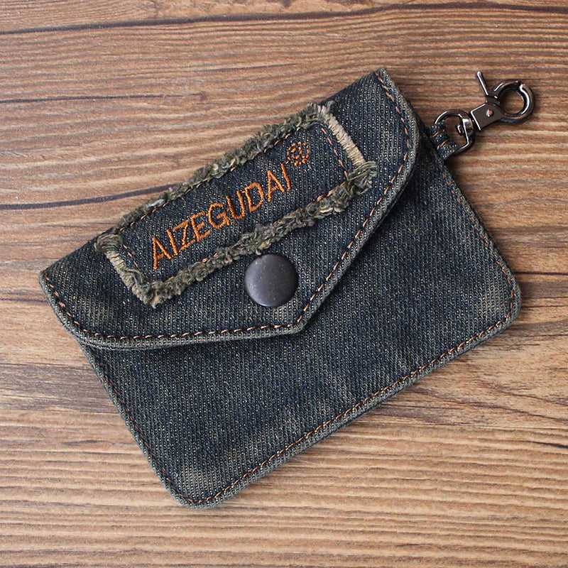 Vintage Womens Denim Mini Card Holder with Lanyard Denim Small Card Coin Bag Purse for Women