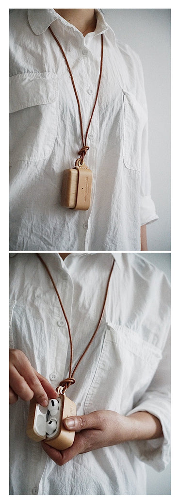 Beige Wood Leather AirPods 1,2 Case with Clip Strap Leather Pro