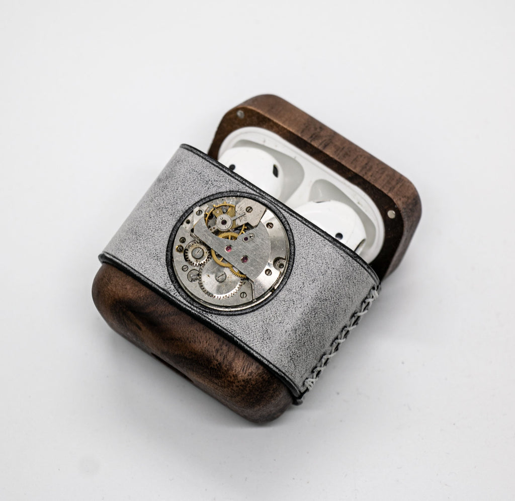 Handmade Leather Wood AirPods 1,2 Case with Silver Watch Movement Custom Leather AirPods 1,2 Case Airpod Case Cover - iwalletsmen
