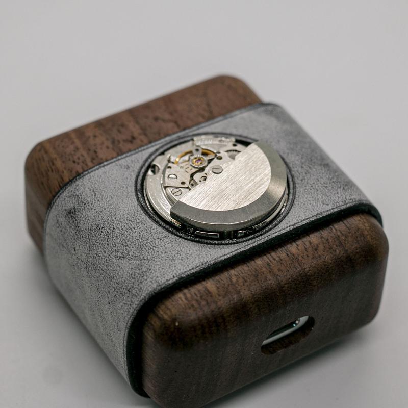 Leather Wood AirPods 1,2 Case with Silver Watch Movement Handmade Custom Leather AirPods 1,2 Case Airpod Case Cover - iwalletsmen