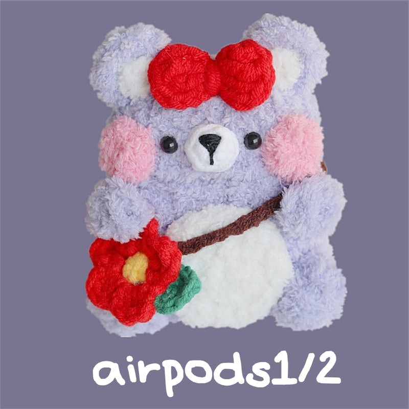 Purple Girl's Cute Bear AirPods 1/2 Case Handmade Crochet AirPods Pro Case Bear Airpod Cases Cover