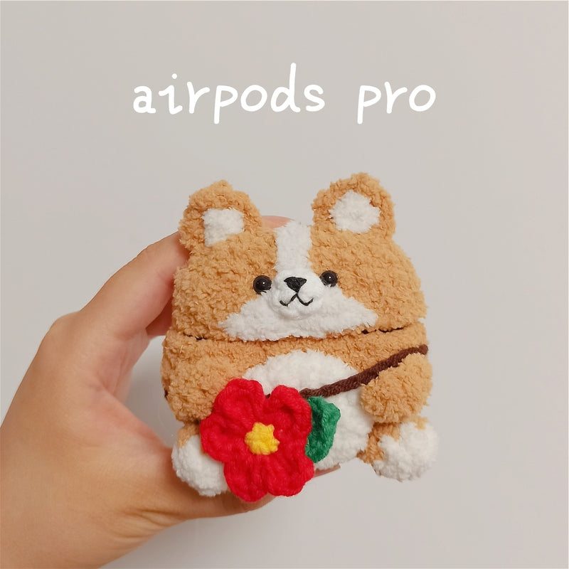 Girl's Cute Corgi AirPods Pro Case Handmade Crochet AirPods 1/2 Cases Khaki Corgi Airpod Cases Cover