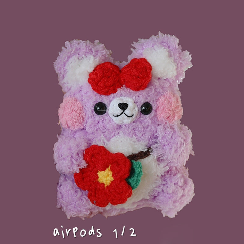 Purple Girl's Cute Bear AirPods 1/2 Case Handmade Crochet AirPods Pro Cases Purple Airpod Cases Cover