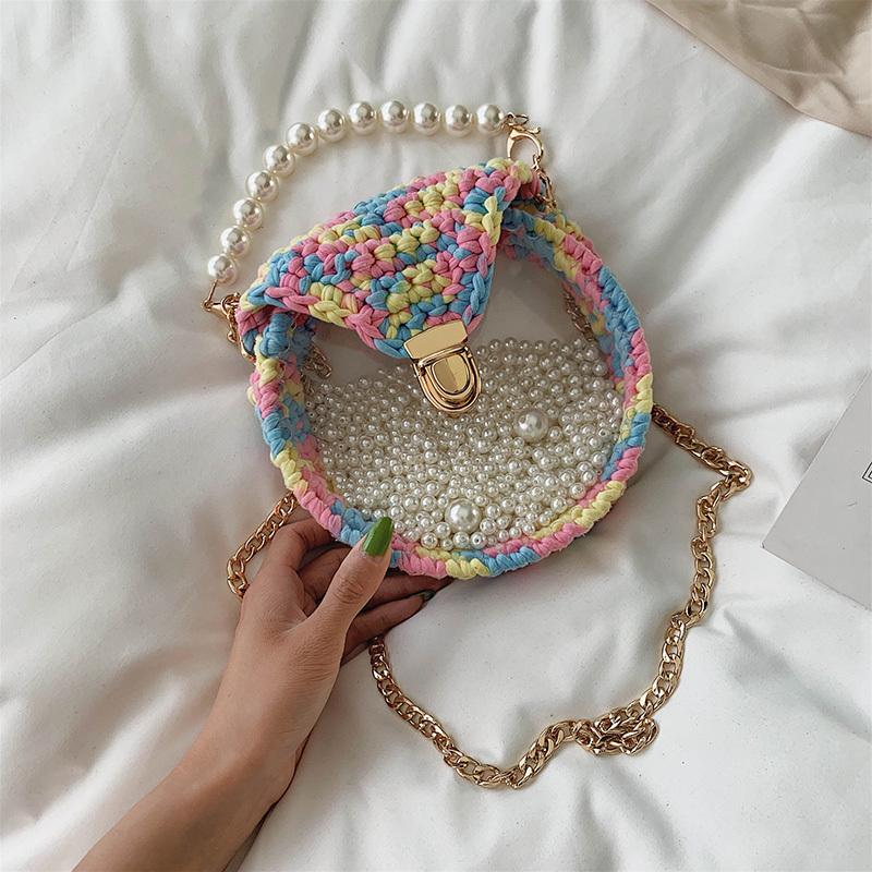 Cute Round Blue&Pink&Yellow(Flap) Crochet Crossbody Purse PMMA Crochet Shoulder Round Handbag for Girl Circle Crochet Crossbody Purses