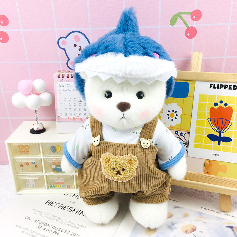 The Best Teddy Bear With Khaki Corduroy Shark Hat Overall Doll Overall Cos Stuffed Bears Toy Christmas Gifts for Her / Girlfriend Mom Kids