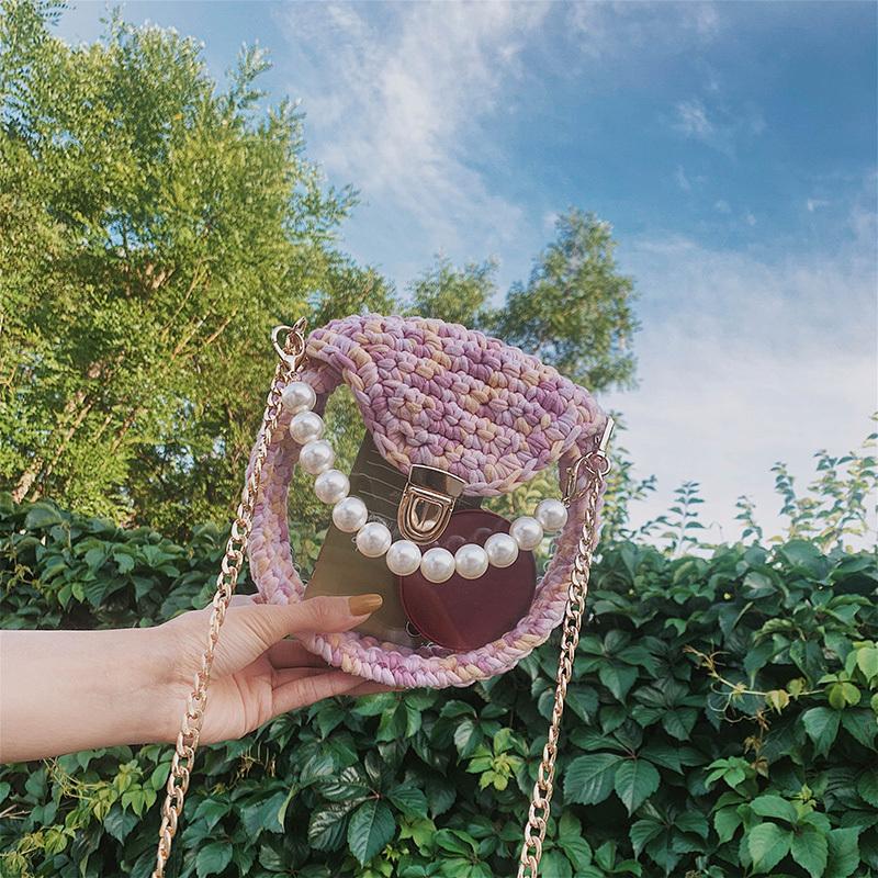 Cute Round Purple(Flap) Crochet Crossbody Purse PMMA Crochet Shoulder Round Handbag for Girl Circle Crochet Crossbody Purses