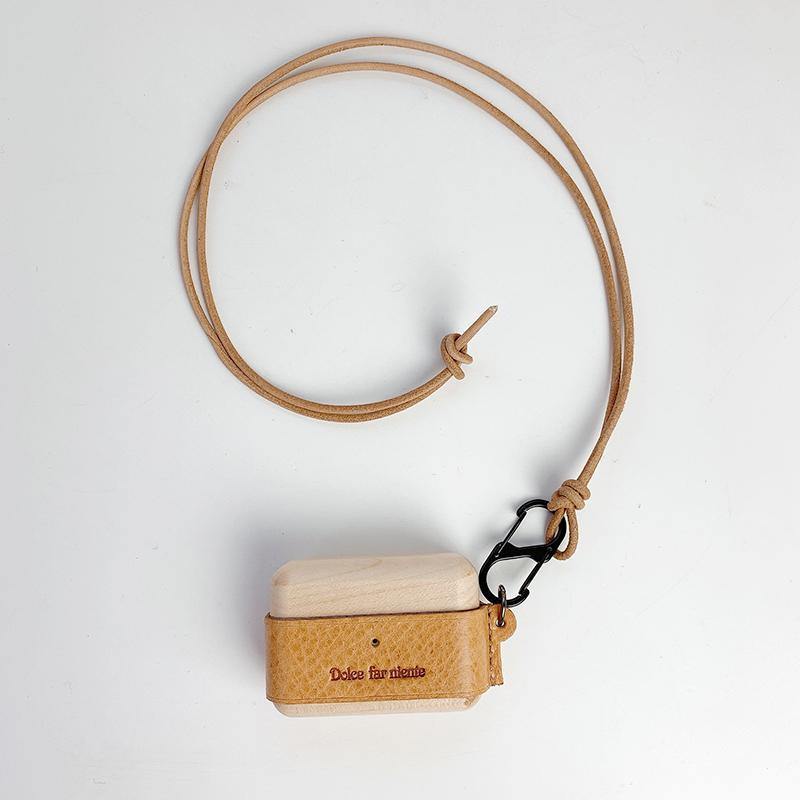 Khaki Wood Leather AirPods Pro Case with Strap Leather AirPods Case Airpod Case Cover - iwalletsmen