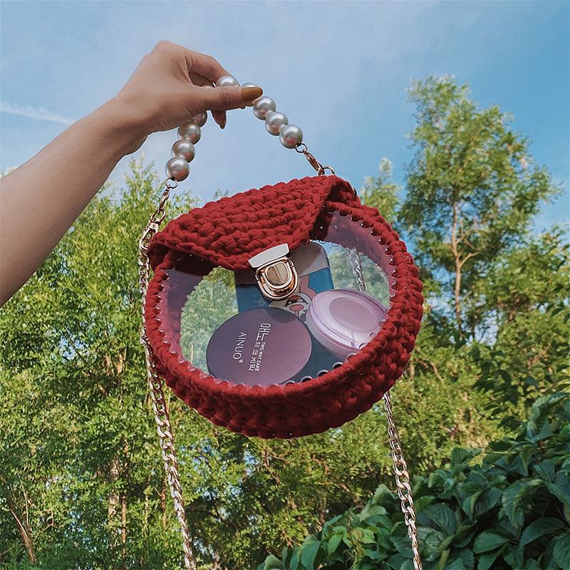 Cute Round Red(Flap) Crochet Crossbody Purse PMMA Crochet Shoulder Round Handbag for Girl Circle Crochet Crossbody Purses