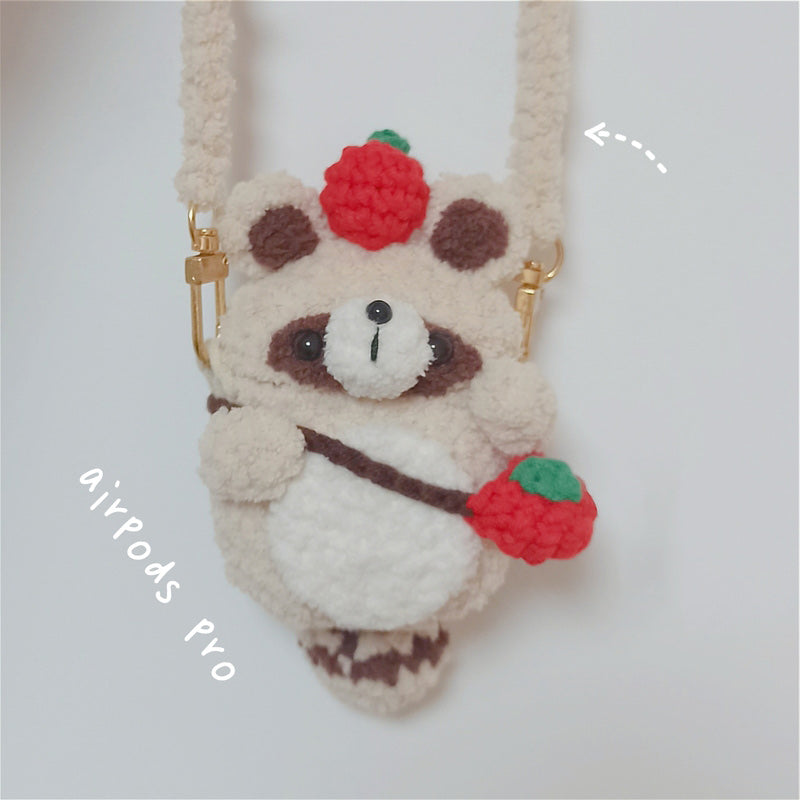 Girl's Cute Raccoon AirPods 1/2 Cases Handmade Crochet AirPods Pro Cases With Shoulder Strap Airpod Cases Cover