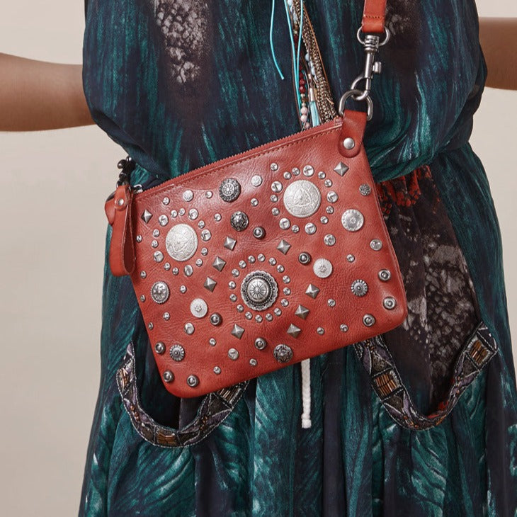 Red Leather Womens Rivets Shoulder Bags Saddle Vintage Slim Crossbody Purse for Women