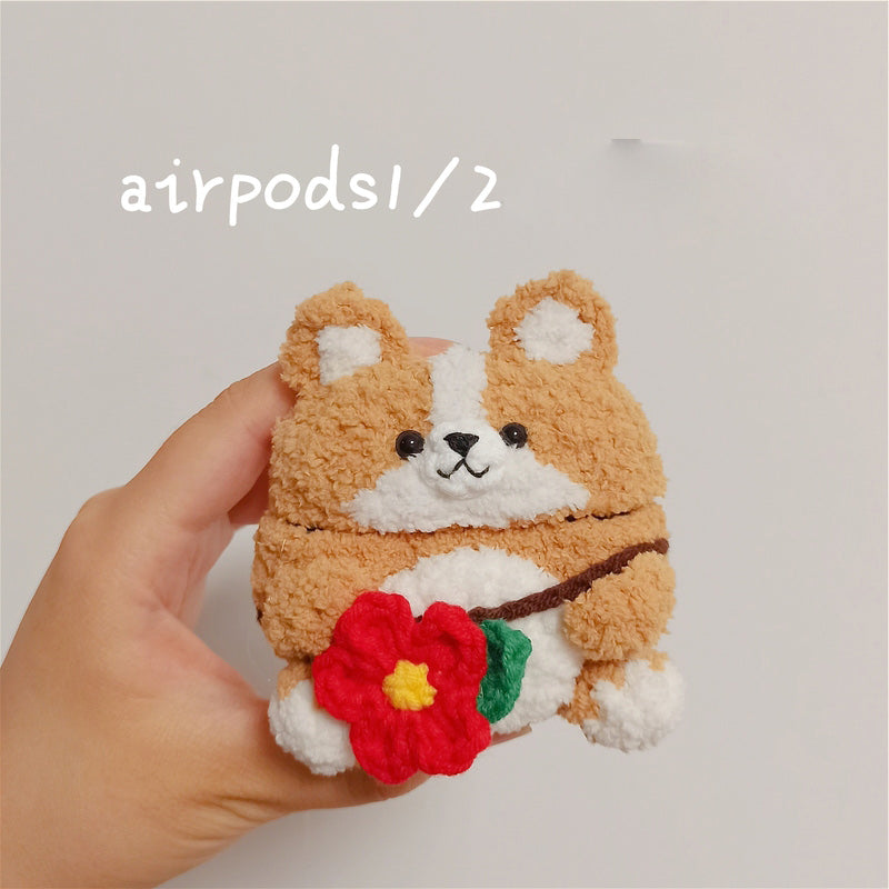 Khaki Girl's Cute Corgi AirPods 1/2 Case Handmade Crochet AirPods Pro Cases Corgi Airpod Cases Cover