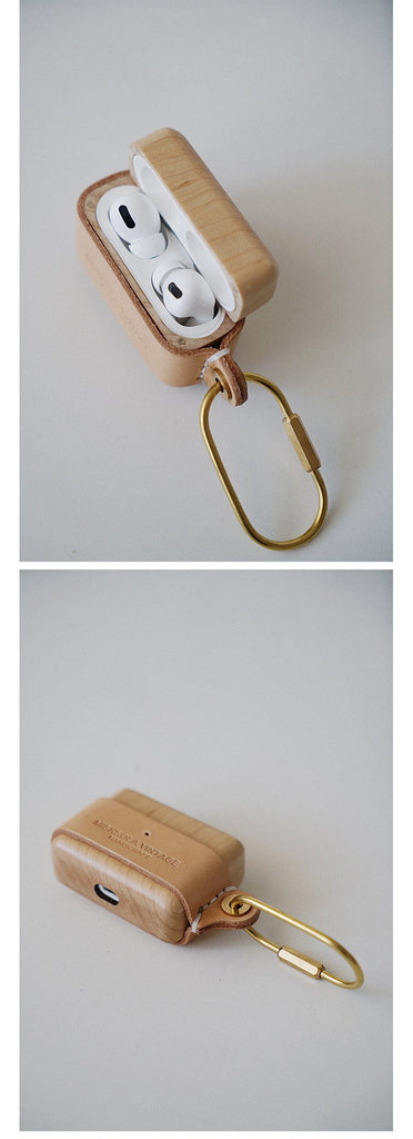 Beige Wood Leather AirPods Pro Case with Clip Strap Leather 1,2