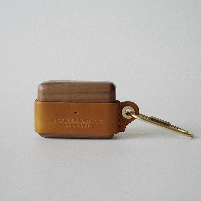 Tan Wood Leather AirPods Pro Case with Clip Strap Leather 1,2 AirPods Case Airpod Case Cover - iwalletsmen