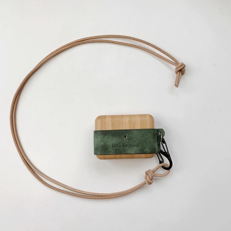 Green Wood Leather AirPods Pro Case with Strap Leather AirPods Case Airpod Case Cover - iwalletsmen