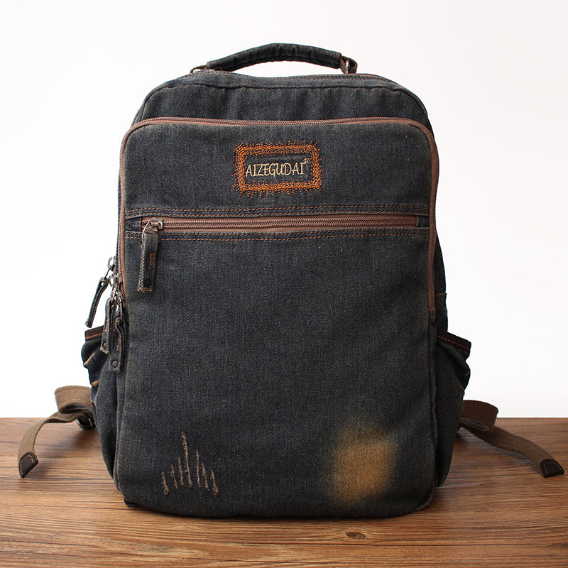 Vintage Denim Blue Mens Backpacks Bag School Backpack Blue Denim Laptop Backpack For Men