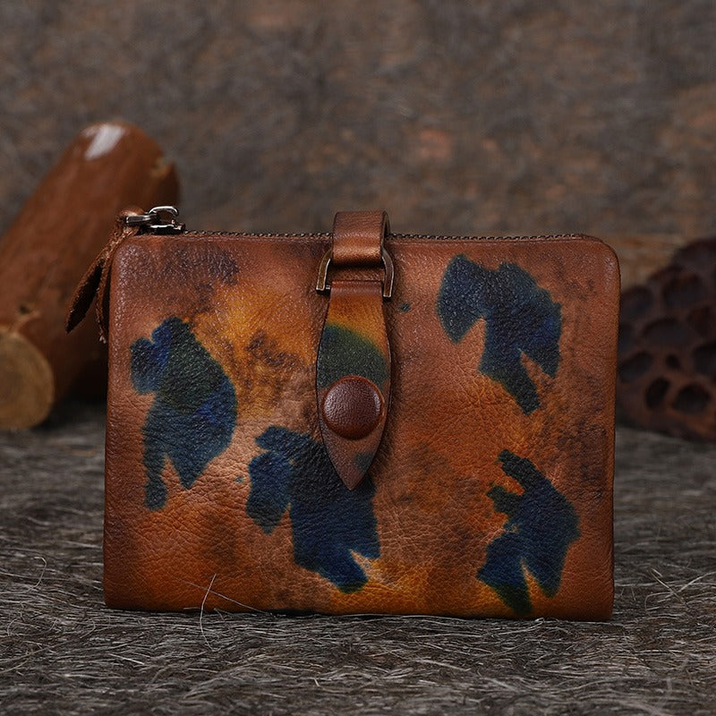 Brown Small Wallet Bifold Wallet Leather Wallet Vintage Billfold Women Wallet with Buckle For Ladies