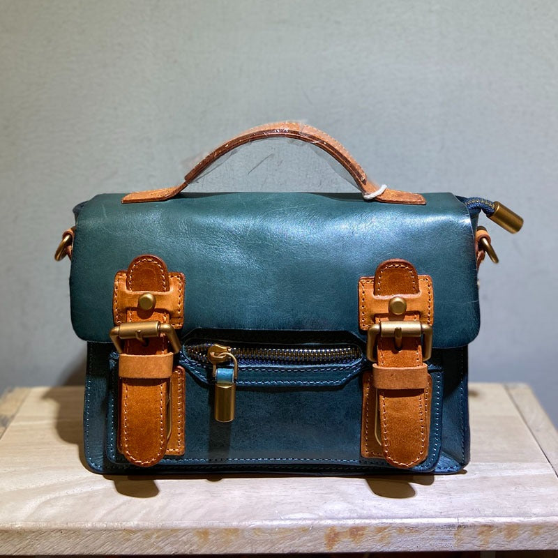 Handmade Small Leather Womens Satchel Shoulder Bags Blue Handbag Crossbody Purse for Ladies