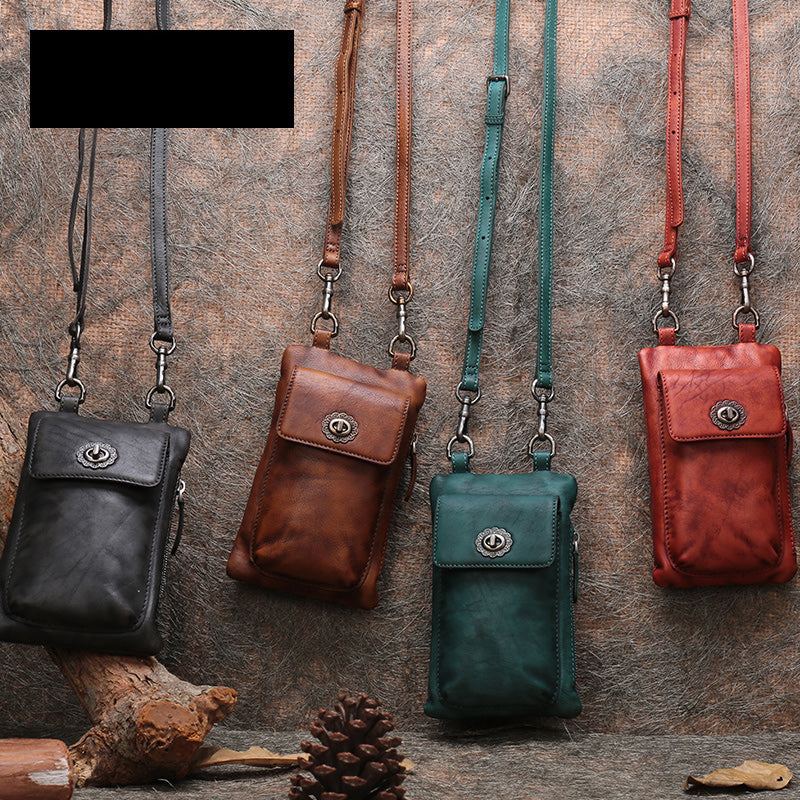 Leather Womens Phone Shoulder Bag Small Vertical Side Bag Handmade Crossbody Purse for Ladies
