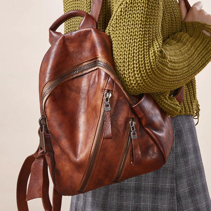 Vintage Brown Leather Rucksack Bag Womens Best School Backpack Ladies Leather Backpack Purses