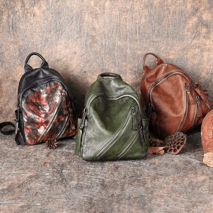 best women's leather backpack purse Handmade Womens Green Satchel Bag for Women igemstonejewelry Imported Polyurethane lining Zipper closure High Vintage Leather Rucksack Bag Womens