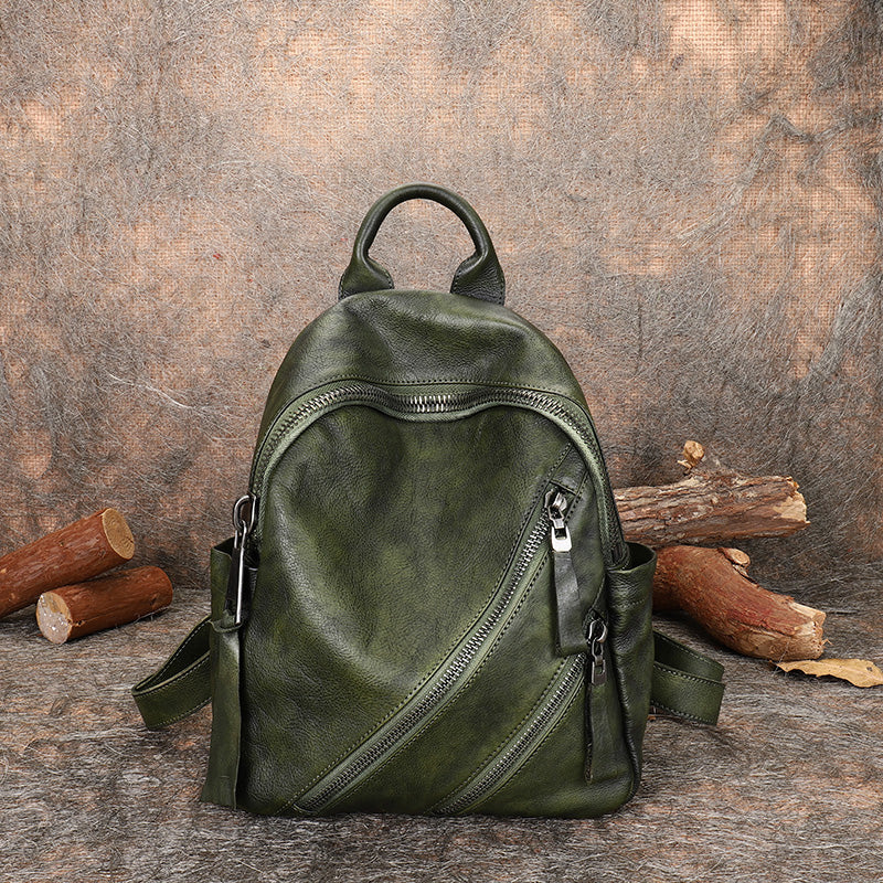 Vintage Green Leather Rucksack Bag Womens Best School Backpack Ladies Leather Backpack Purses