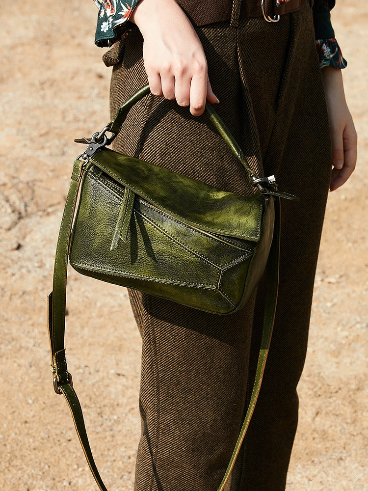 Vintage Green Leather Womens Cube Shoulder Bag Handmade Geometry